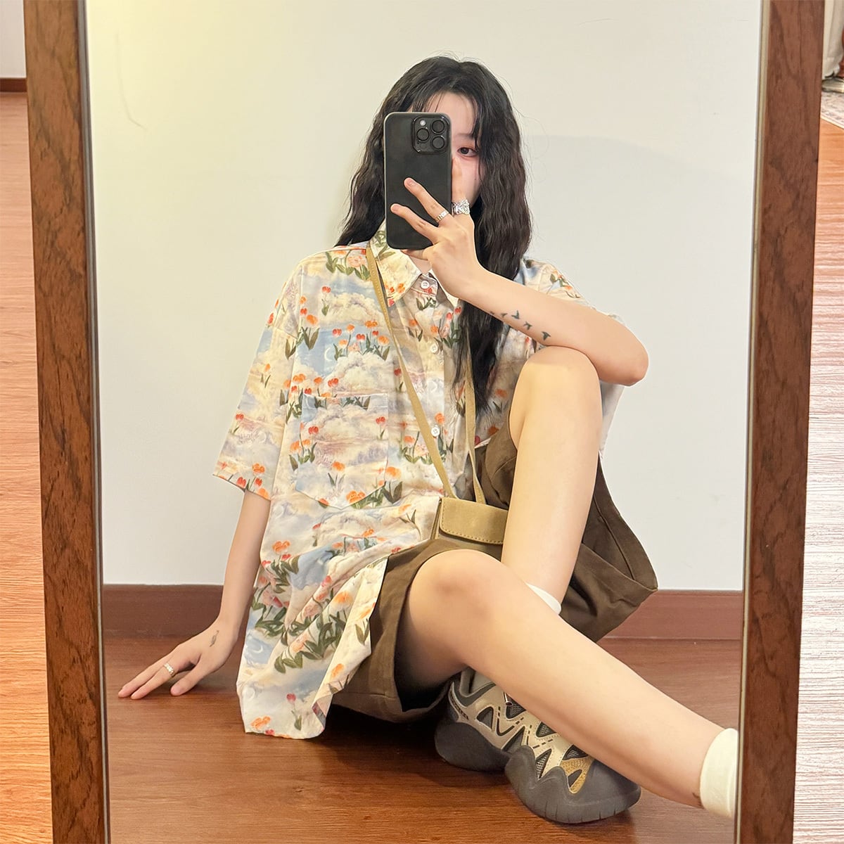 【UATONLINEシリーズ】半袖花柄アロハシャツ 男女兼用 メンズカジュアル 夏服 ートップス アプリコット