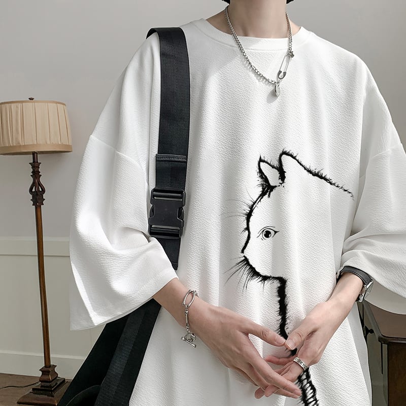 【CEXUシリーズ】3色展開 七分袖 Tシャツ 男女兼用 大きいサイズ 猫柄 黒 白 青