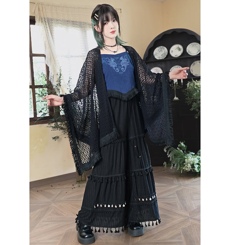 【古怪舍---海墟引シリーズ】チャイナ風ズボン カジュアルパンツ フリンジ ガウチョパンツ 黒 レディース ボトムス