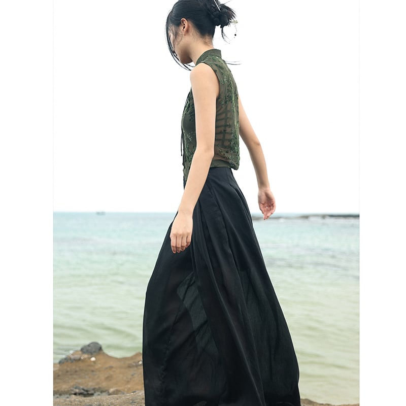 【大青龍肆シリーズ】チャイナ風トップス Tシャツ ショート丈 ノースリーブ グリーン 気質アップ 不規則デザイン