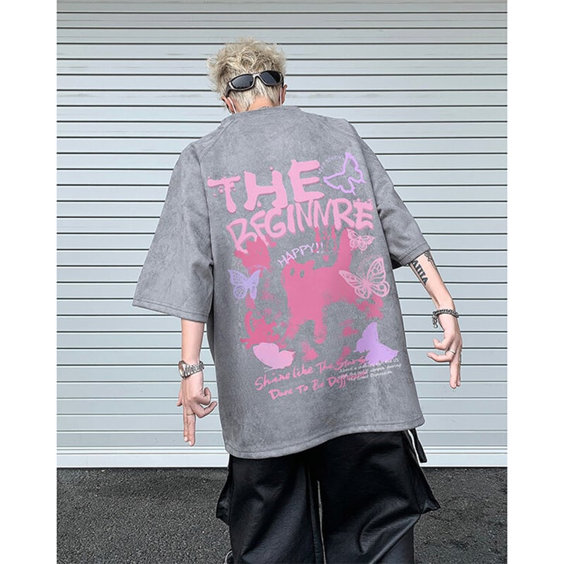 【CEXUリーズ】Tシャツ 半袖 男女兼用 大きいサイズ スエード 猫柄 4色展開 ブラック グレー