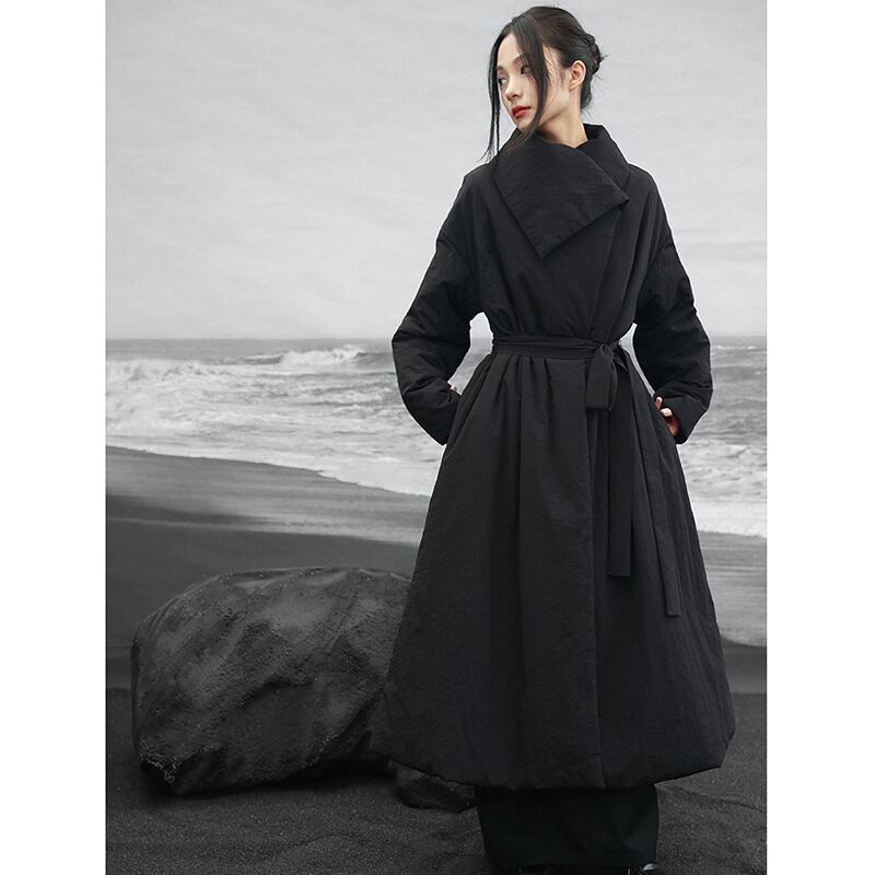 【大青龍肆シリーズ】チャイナ風コート 綿入り ブラック 冬服 暖かい ロング丈 レディース