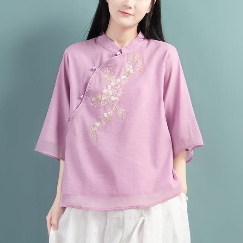 【清裊シリーズ】★チャイナ風トップス★ 4COLOR チャイナ風シャツ 中華服 夏服 中華服 唐装 青 白 ピンク - ChinChic