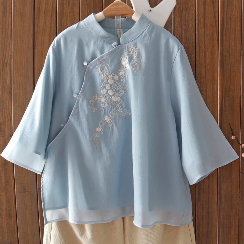 【清裊シリーズ】★チャイナ風トップス★ 刺繍 4COLOR 夏服 シャツ 中華服 改良唐装 気質アップ 可愛い - ChinChic