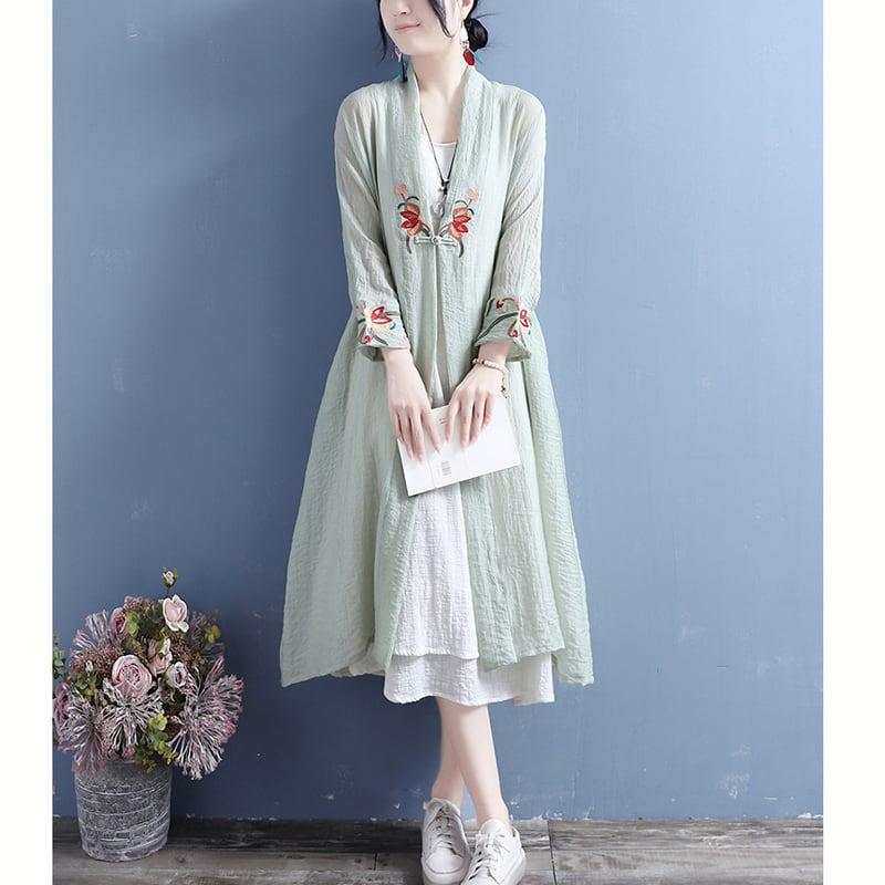 【清裊シリーズ】★チャイナ風アウター★ 4COLOR ロング丈法被 中華服 改良唐装 刺繍 グリーン ホワイト イエロー パープル - ChinChic