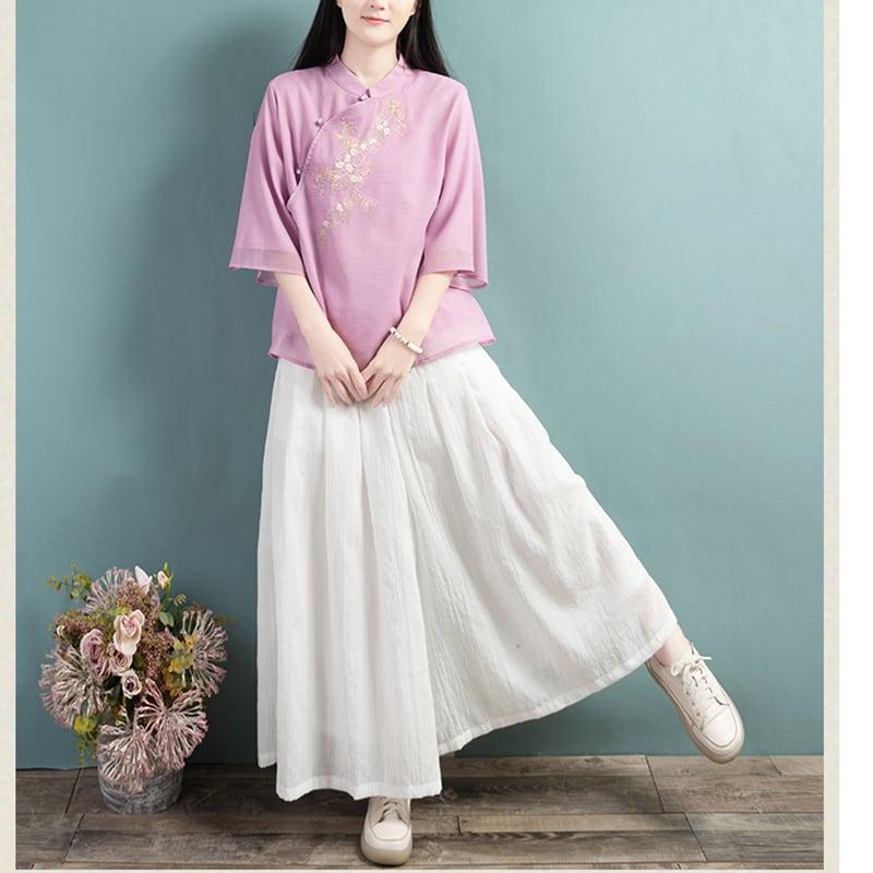 【清裊シリーズ】★チャイナ風トップス★ 4COLOR チャイナ風シャツ 中華服 夏服 中華服 唐装 青 白 ピンク - ChinChic