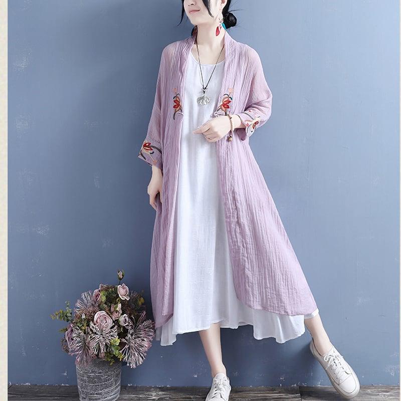 【清裊シリーズ】★チャイナ風アウター★ 4COLOR ロング丈法被 中華服 改良唐装 刺繍 グリーン ホワイト イエロー パープル - ChinChic
