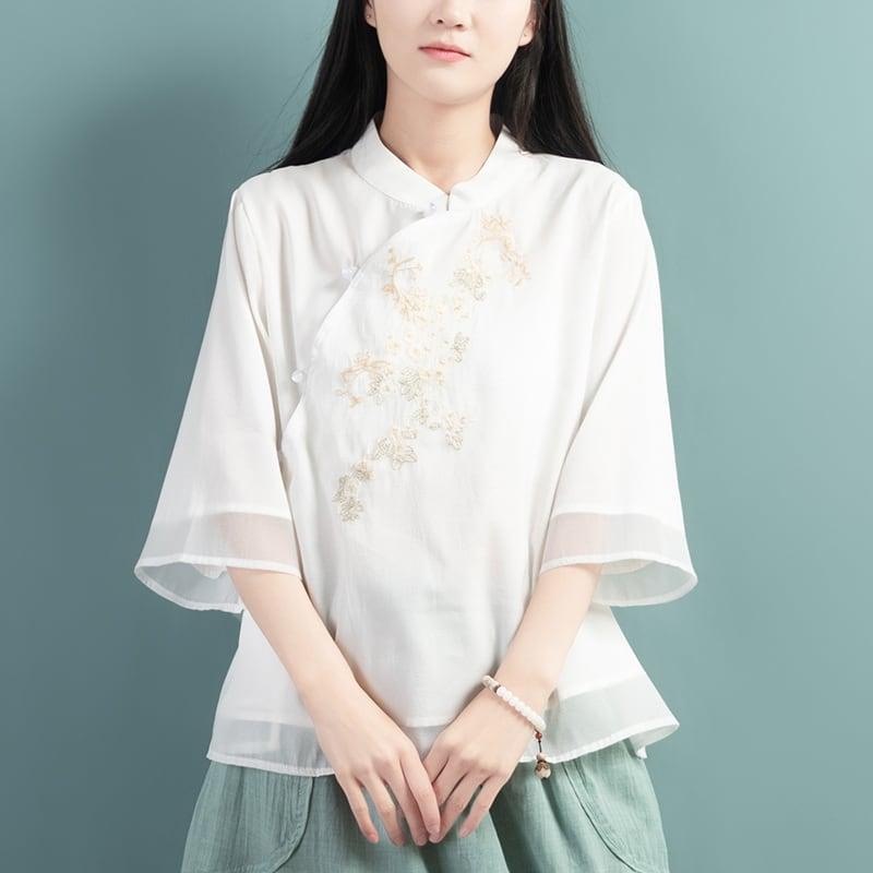 【清裊シリーズ】★チャイナ風トップス★ 4COLOR チャイナ風シャツ 中華服 夏服 中華服 唐装 青 白 ピンク - ChinChic