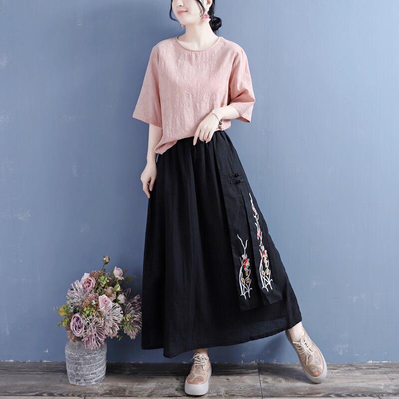 【清裊シリーズ】★チャイナ風スカート★ 4COLOR ボトムス コットンリネン 刺繍 ホワイト 青緑色 ブラック パープル - ChinChic