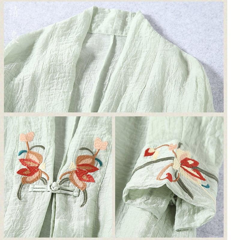 【清裊シリーズ】★チャイナ風アウター★ 4COLOR ロング丈法被 中華服 改良唐装 刺繍 グリーン ホワイト イエロー パープル - ChinChic