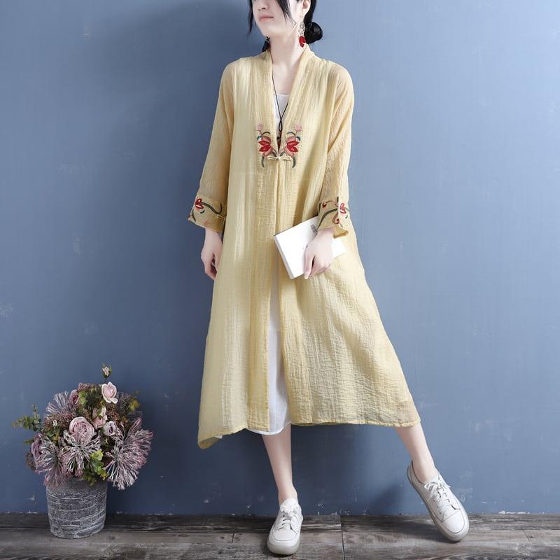 【清裊シリーズ】★チャイナ風アウター★ 4COLOR ロング丈法被 中華服 改良唐装 刺繍 グリーン ホワイト イエロー パープル - ChinChic