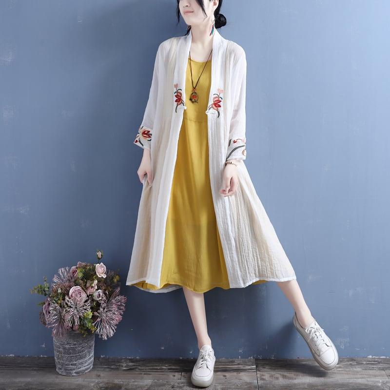 【清裊シリーズ】★チャイナ風アウター★ 4COLOR ロング丈法被 中華服 改良唐装 刺繍 グリーン ホワイト イエロー パープル - ChinChic