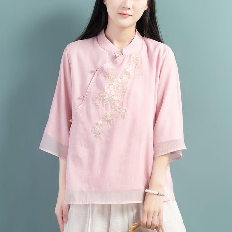 【清裊シリーズ】★チャイナ風トップス★ 4COLOR チャイナ風シャツ 中華服 夏服 中華服 唐装 青 白 ピンク - ChinChic