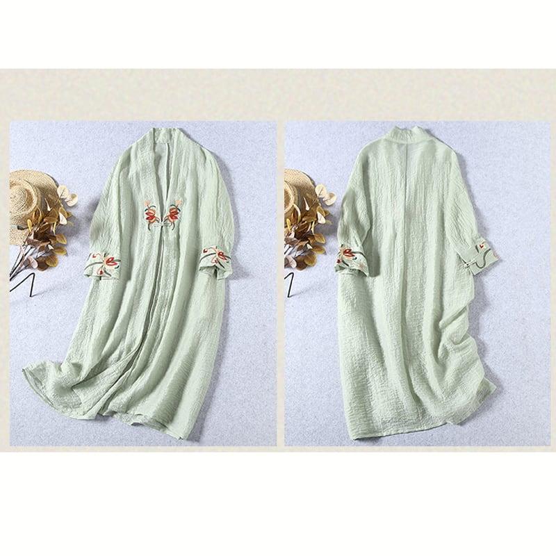 【清裊シリーズ】★チャイナ風アウター★ 4COLOR ロング丈法被 中華服 改良唐装 刺繍 グリーン ホワイト イエロー パープル - ChinChic