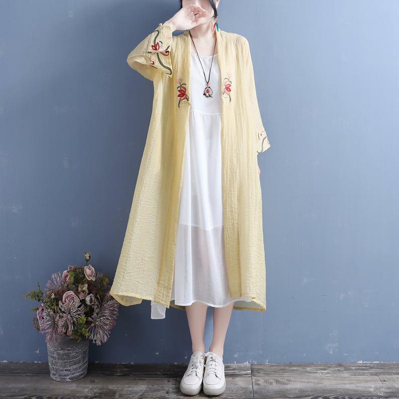 【清裊シリーズ】★チャイナ風アウター★ 4COLOR ロング丈法被 中華服 改良唐装 刺繍 グリーン ホワイト イエロー パープル - ChinChic