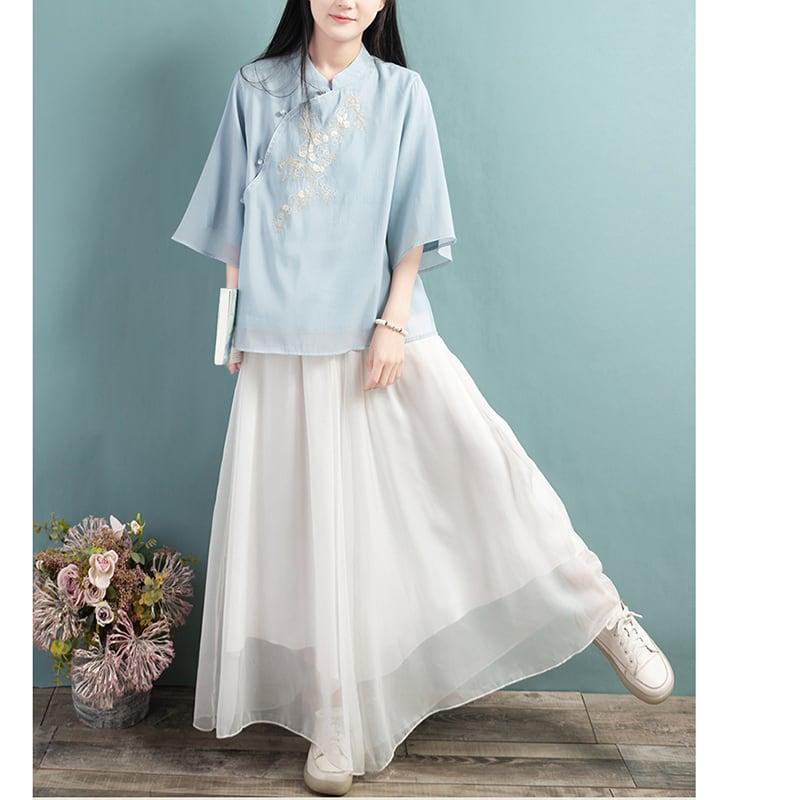 【清裊シリーズ】★チャイナ風トップス★ 4COLOR チャイナ風シャツ 中華服 夏服 中華服 唐装 青 白 ピンク - ChinChic