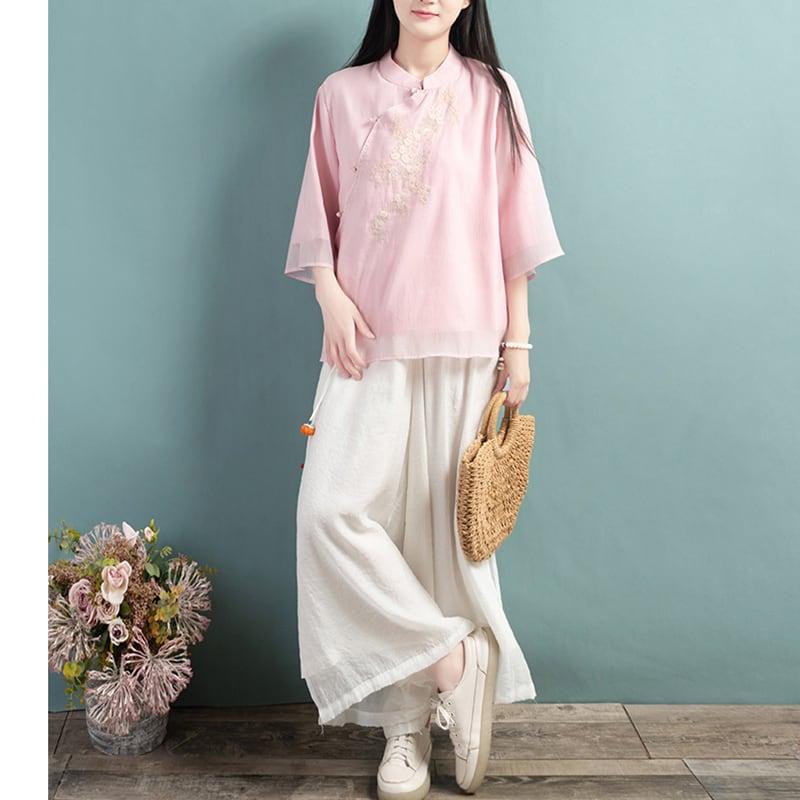 【清裊シリーズ】★チャイナ風トップス★ 4COLOR チャイナ風シャツ 中華服 夏服 中華服 唐装 青 白 ピンク - ChinChic