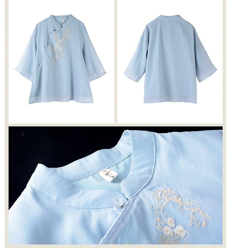 【清裊シリーズ】★チャイナ風トップス★ 4COLOR チャイナ風シャツ 中華服 夏服 中華服 唐装 青 白 ピンク - ChinChic