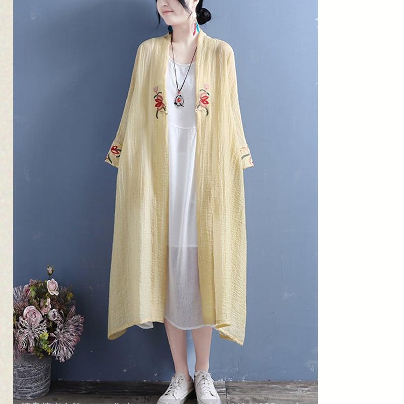 【清裊シリーズ】★チャイナ風アウター★ 4COLOR ロング丈法被 中華服 改良唐装 刺繍 グリーン ホワイト イエロー パープル - ChinChic