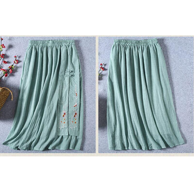 【清裊シリーズ】★チャイナ風スカート★ 4COLOR ボトムス コットンリネン 刺繍 ホワイト 青緑色 ブラック パープル - ChinChic