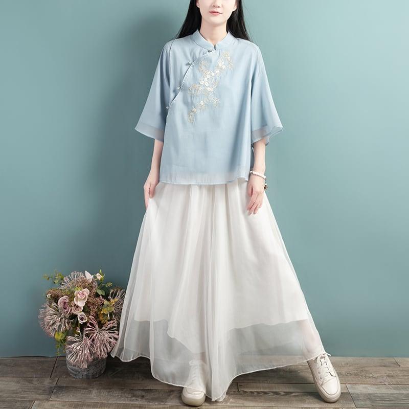 【清裊シリーズ】★チャイナ風トップス★ 4COLOR チャイナ風シャツ 中華服 夏服 中華服 唐装 青 白 ピンク - ChinChic
