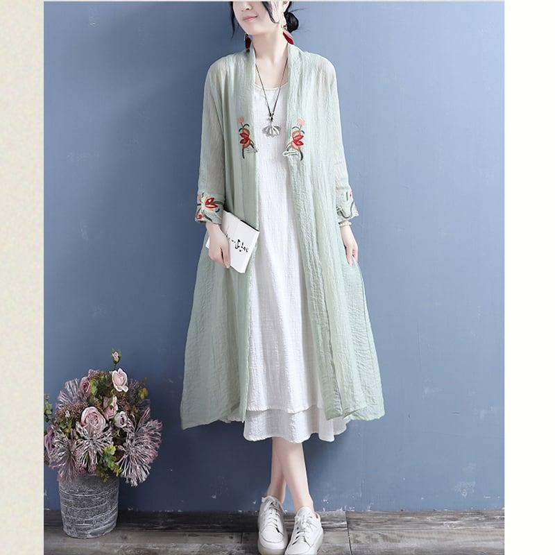 【清裊シリーズ】★チャイナ風アウター★ 4COLOR ロング丈法被 中華服 改良唐装 刺繍 グリーン ホワイト イエロー パープル - ChinChic