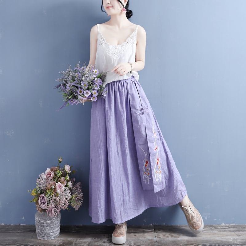 【清裊シリーズ】★チャイナ風スカート★ 4COLOR ボトムス コットンリネン 刺繍 ホワイト 青緑色 ブラック パープル - ChinChic