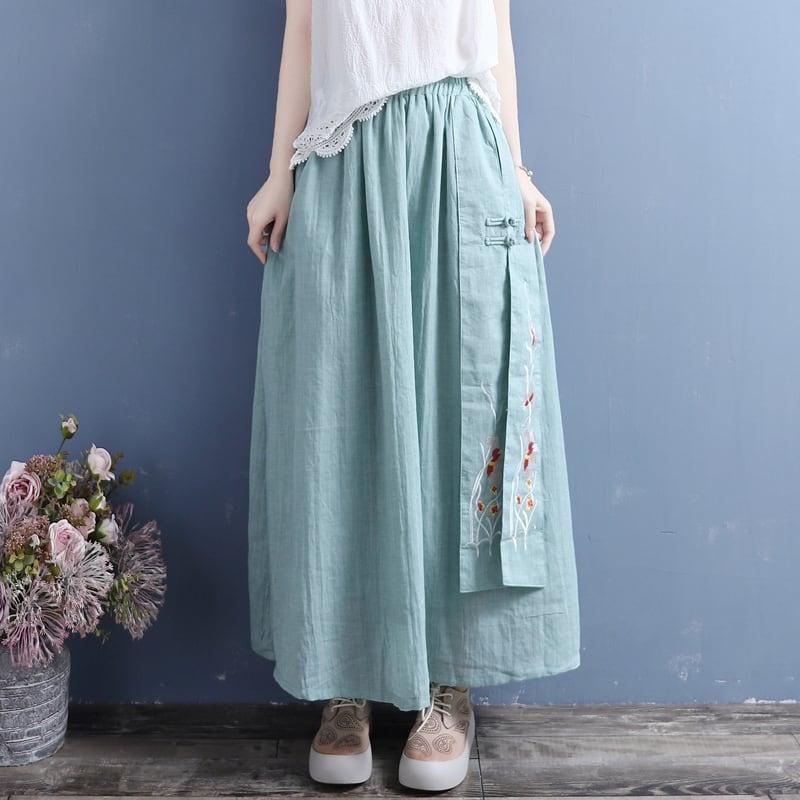 【清裊シリーズ】★チャイナ風スカート★ 4COLOR ボトムス コットンリネン 刺繍 ホワイト 青緑色 ブラック パープル - ChinChic