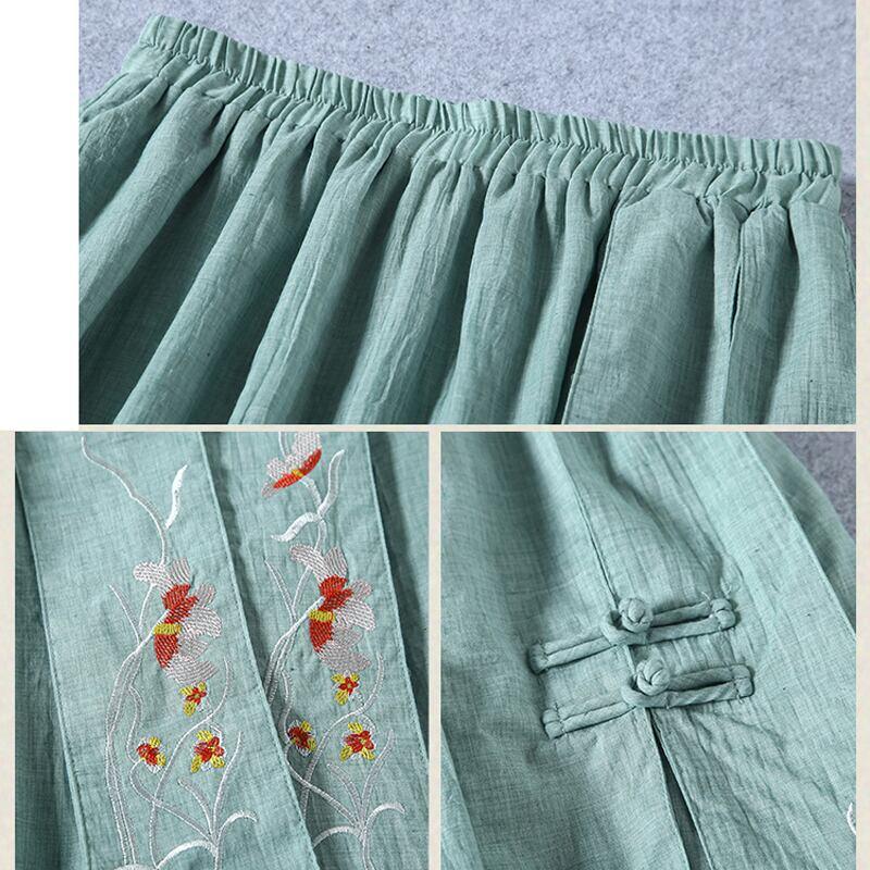 【清裊シリーズ】★チャイナ風スカート★ 4COLOR ボトムス コットンリネン 刺繍 ホワイト 青緑色 ブラック パープル - ChinChic