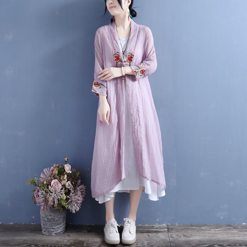 【清裊シリーズ】★チャイナ風アウター★ 4COLOR ロング丈法被 中華服 改良唐装 刺繍 グリーン ホワイト イエロー パープル - ChinChic