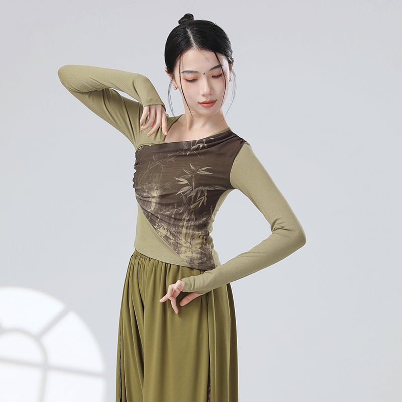 【KEFENシリーズ】チャイナ風トップス 4色 半袖 長袖 Tシャツ 中華服 竹 可愛い スリム 黒 灰 緑