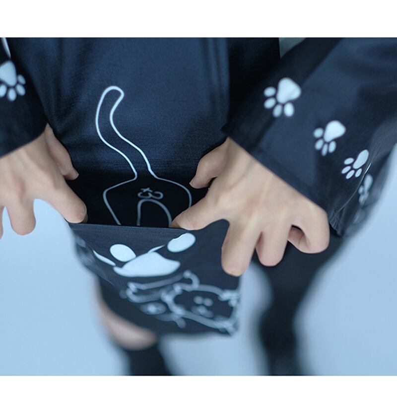 【倉寶兒屋シリーズ】チャイナ風法被 猫柄プリント 夏服 薄手 ブラック ライトグレー 2色