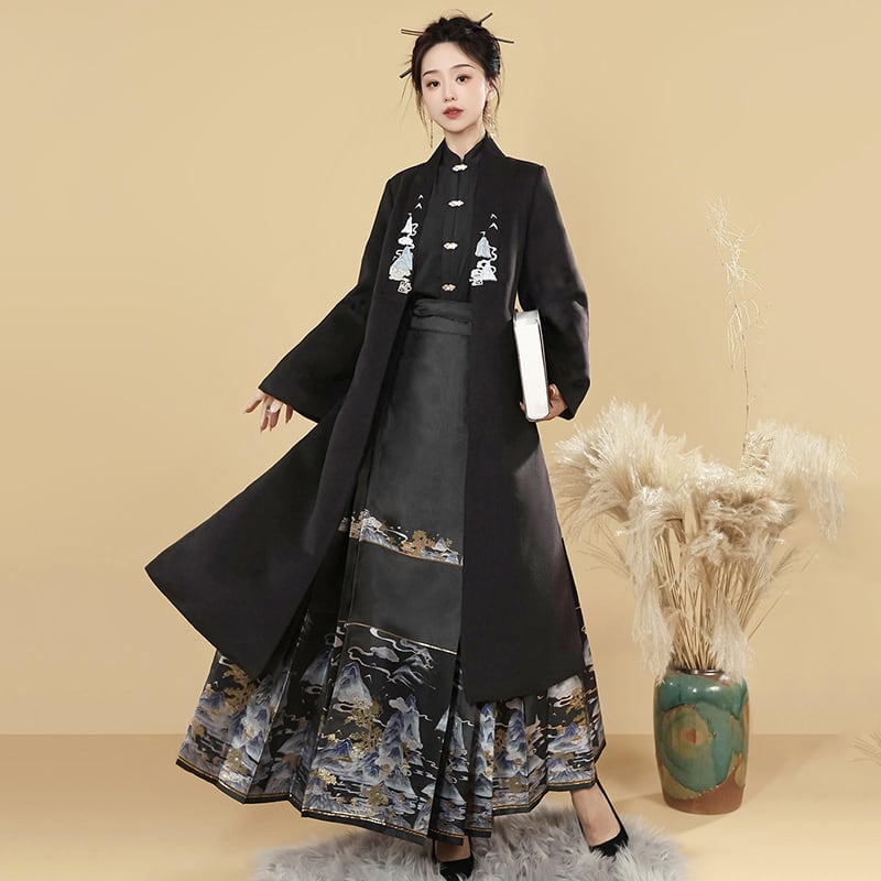 【喚初---明月松間照シリーズ】チャイナ風トップス 長袖 半袖 刺繍 中華服 シャツ 可愛い ブラック 黒色