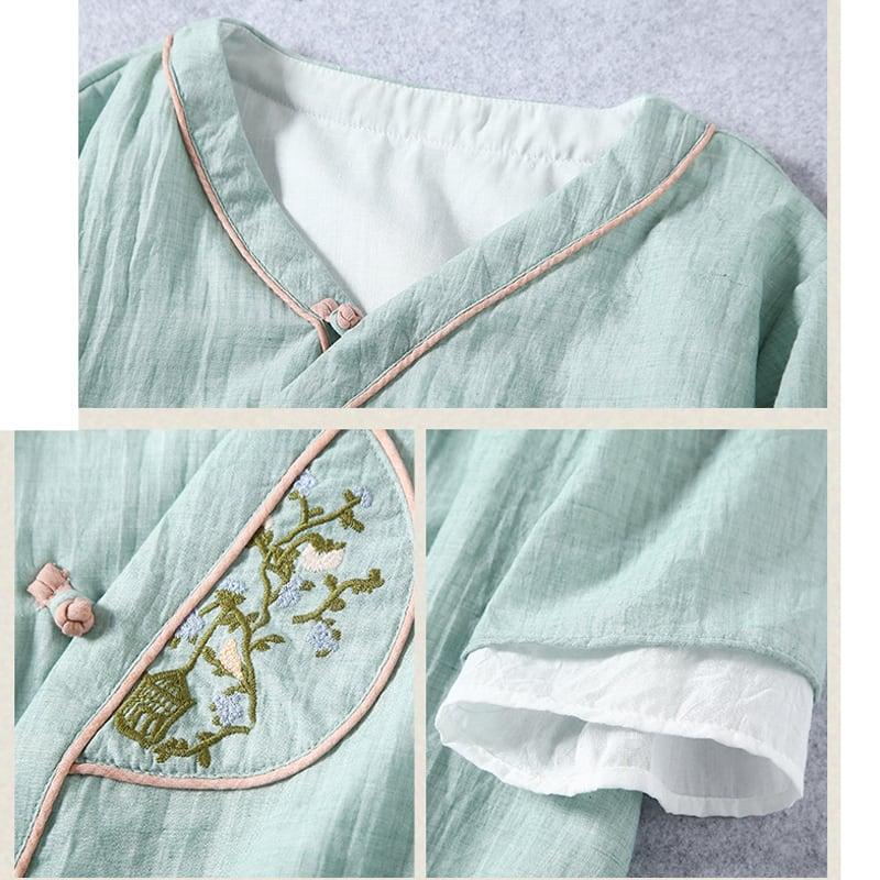 【清裊シリーズ】★チャイナ風シャツ★ 5カラー 中華服 Vネック 棉麻 レトロ 白 黄 紫 青緑色 ピンク 刺繍 - ChinChic