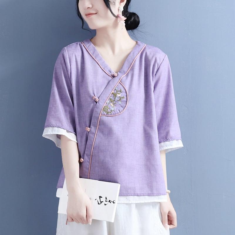 【清裊シリーズ】★チャイナ風シャツ★ 5カラー 中華服 Vネック 棉麻 レトロ 白 黄 紫 青緑色 ピンク 刺繍 - ChinChic