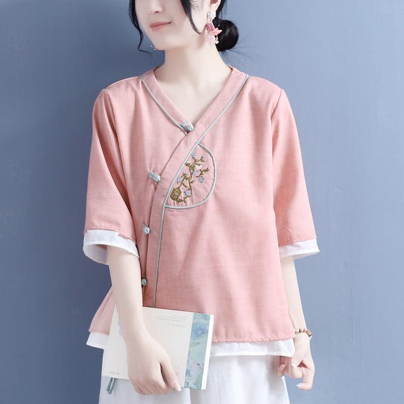 【清裊シリーズ】★チャイナ風シャツ★ 5カラー 中華服 Vネック 棉麻 レトロ 白 黄 紫 青緑色 ピンク 刺繍 - ChinChic