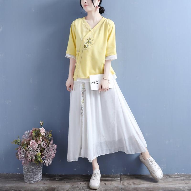 【清裊シリーズ】★チャイナ風シャツ★ 5カラー 中華服 Vネック 棉麻 レトロ 白 黄 紫 青緑色 ピンク 刺繍 - ChinChic