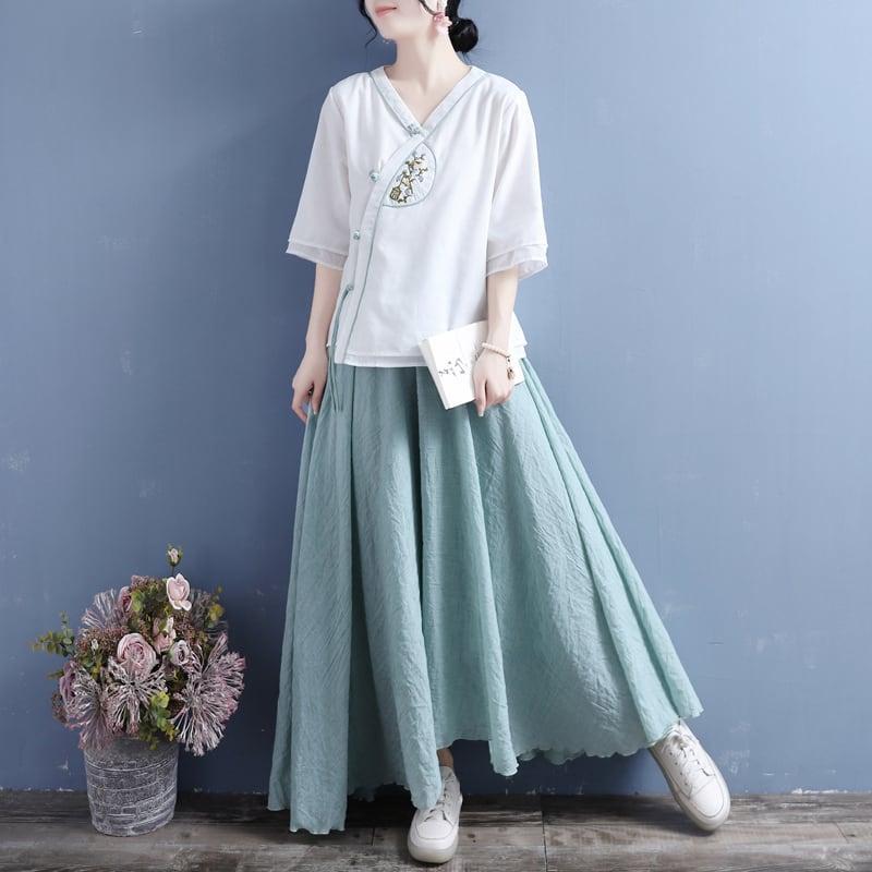 【清裊シリーズ】★チャイナ風シャツ★ 5カラー 中華服 Vネック 棉麻 レトロ 白 黄 紫 青緑色 ピンク 刺繍 - ChinChic