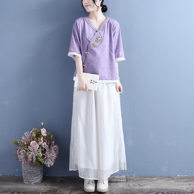 【清裊シリーズ】★チャイナ風シャツ★ 5カラー 中華服 Vネック 棉麻 レトロ 白 黄 紫 青緑色 ピンク 刺繍 - ChinChic