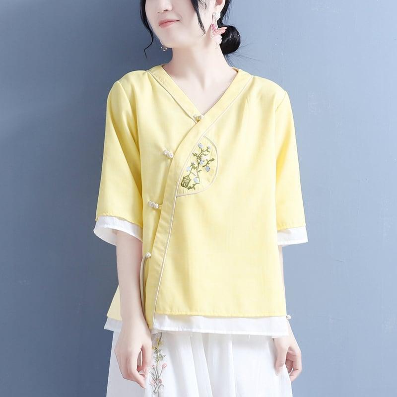 【清裊シリーズ】★チャイナ風シャツ★ 5カラー 中華服 Vネック 棉麻 レトロ 白 黄 紫 青緑色 ピンク 刺繍 - ChinChic