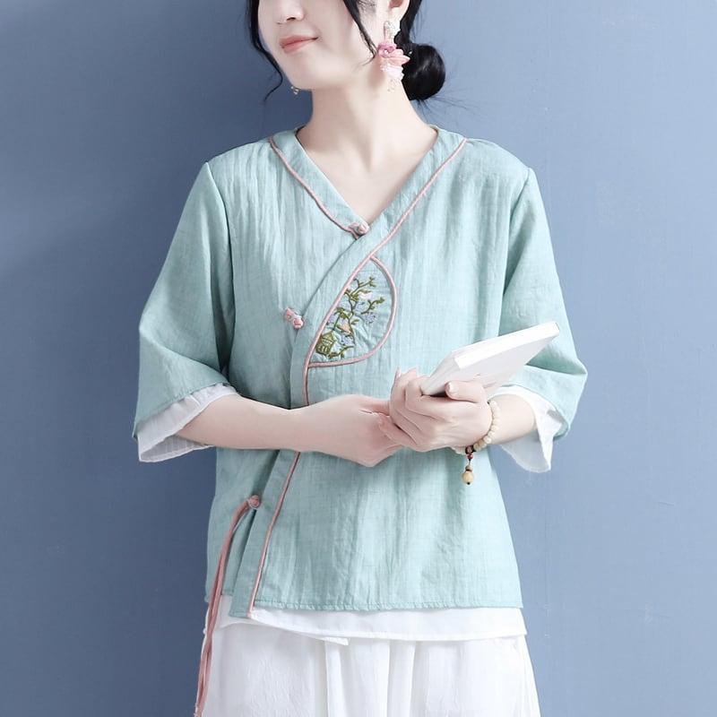 【清裊シリーズ】★チャイナ風シャツ★ 5カラー 中華服 Vネック 棉麻 レトロ 白 黄 紫 青緑色 ピンク 刺繍 - ChinChic