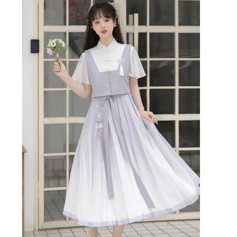 【浥城朝雨シリーズ】チャイナ風 セットアップ 2点セット ワンピース ベスト 改良漢服 半袖 可愛い