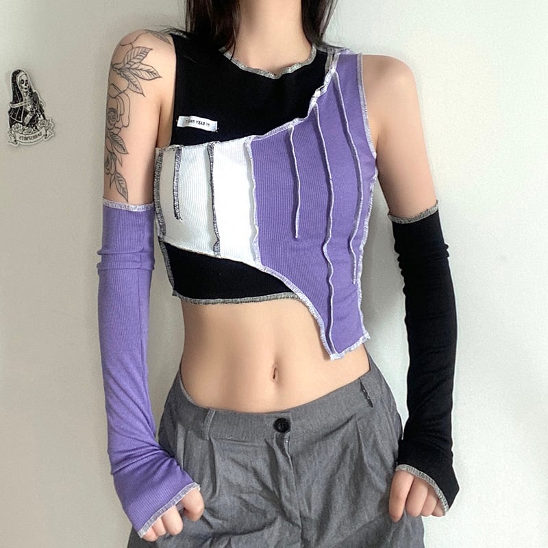 【KLIOUシリーズ】切り替えデザイン レディース Tシャツ おしゃれ セクシー ブラック パープル 不規則 トップス
