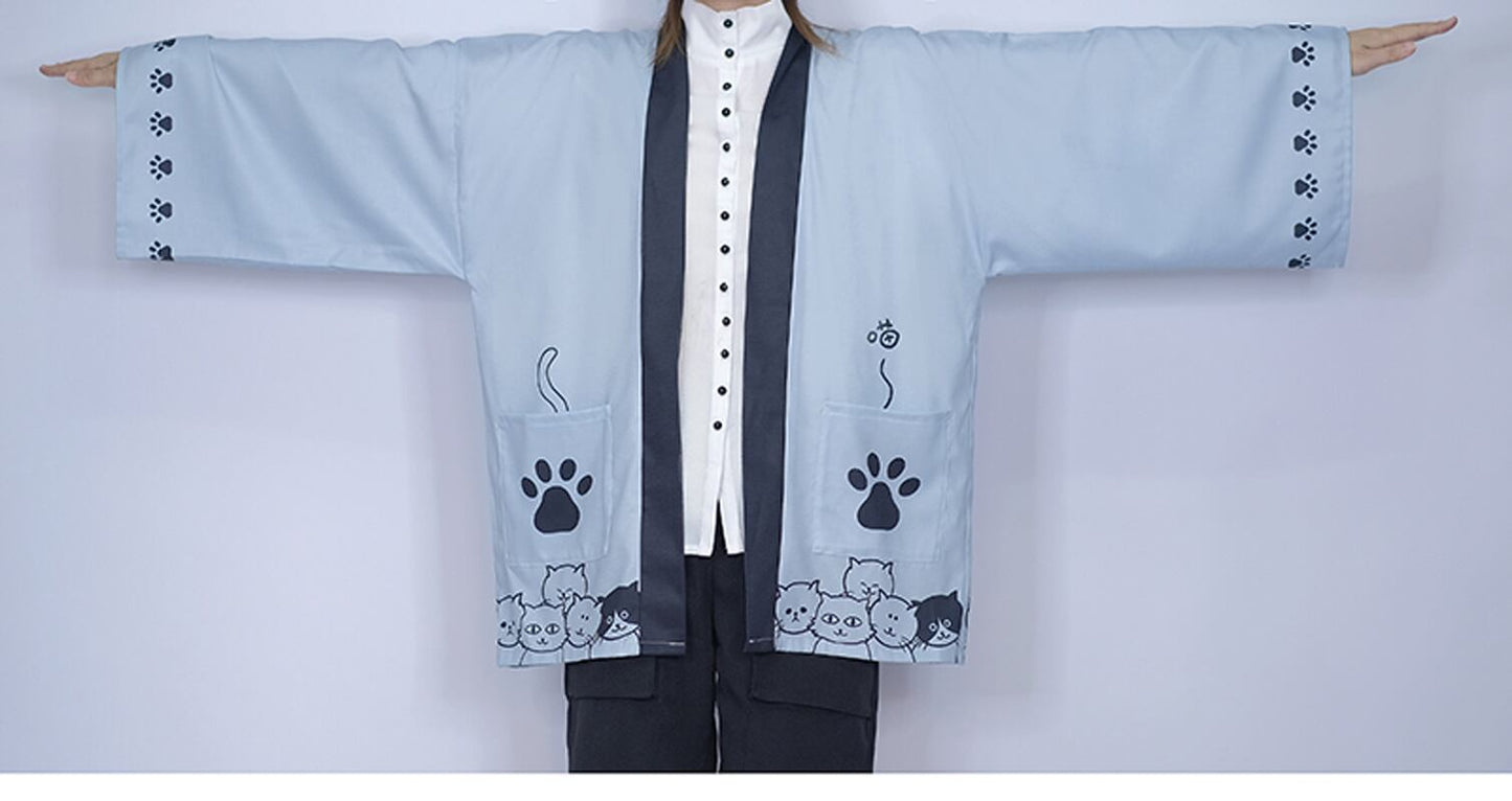 【倉寶兒屋シリーズ】チャイナ風法被 猫柄プリント 夏服 薄手 ブラック ライトグレー 2色