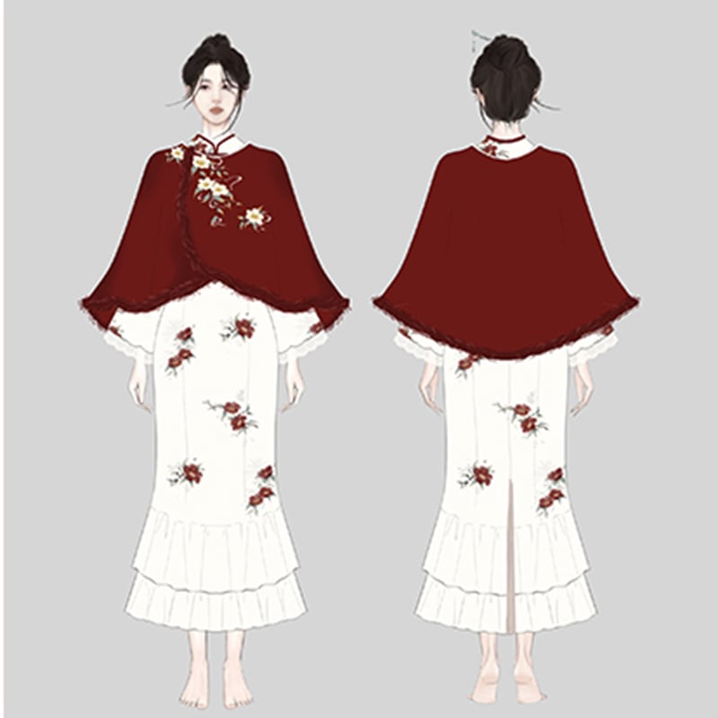【塵煙雲夢---茶花曲シリーズ】チャイナ風 刺繍マント 中華服 プリント 可愛い ショート丈 レッド