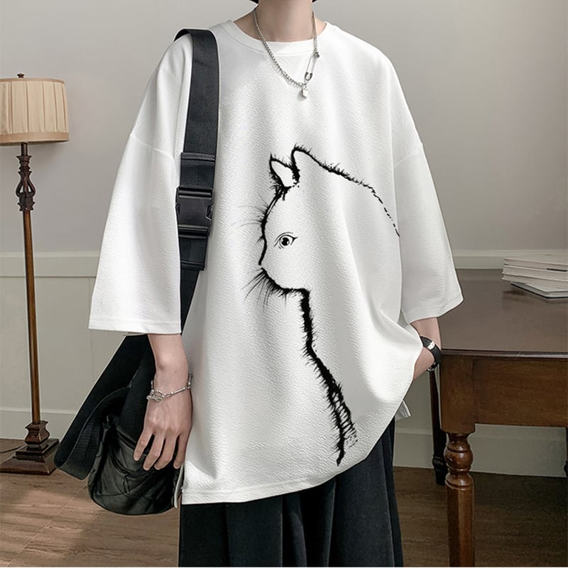 【CEXUシリーズ】3色展開 七分袖 Tシャツ 男女兼用 大きいサイズ 猫柄 黒 白 青