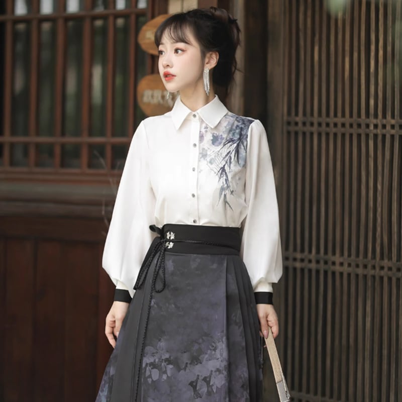 【塵煙雲夢---畫影シリーズ】チャイナ風 スカート 中華服 水墨柄 ロング丈 可愛い 漢服スカート