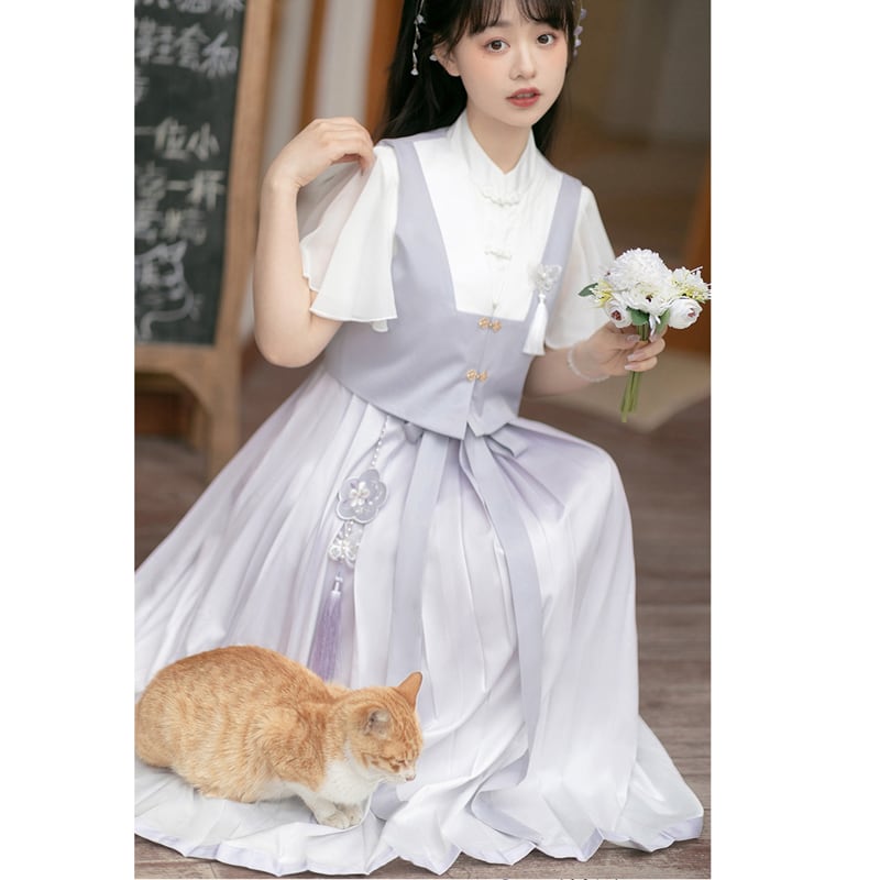【浥城朝雨シリーズ】チャイナ風 セットアップ 2点セット ワンピース ベスト 改良漢服 半袖 可愛い