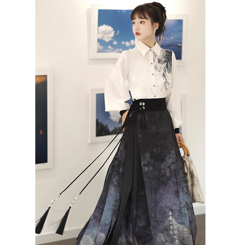 【塵煙雲夢---畫影シリーズ】チャイナ風 スカート 中華服 水墨柄 ロング丈 可愛い 漢服スカート