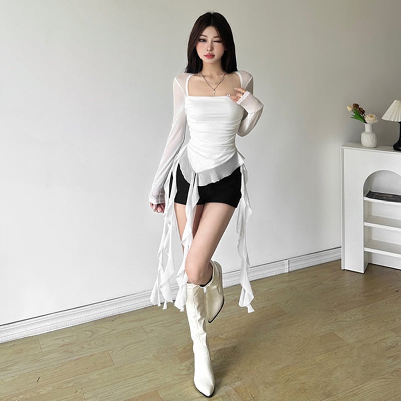 【KLIOUシリーズ】2色 Tシャツ チュール セクシー レディース 着痩せ ブラック ホワイト 黒 白 不規則